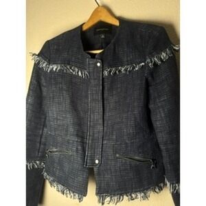 Banana Republic Navy Blue Tweed Fringe Trim Collarless Jacket Womens Sz‎ S